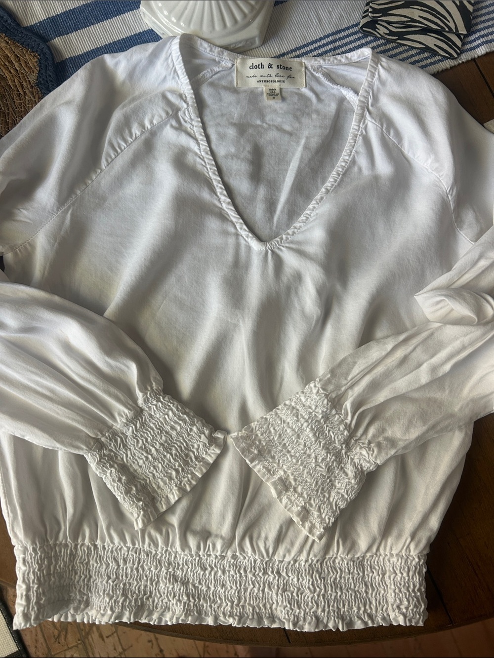 cloth & stone Anthropology Tencel White Smocked Waist and Cuff Peasant Top S